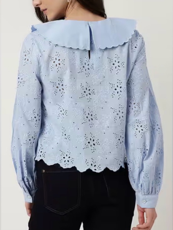 Blue Eyelet Cotton Blouse Peter Pan Collar Cottage Core Medium - Picture 2 of 7